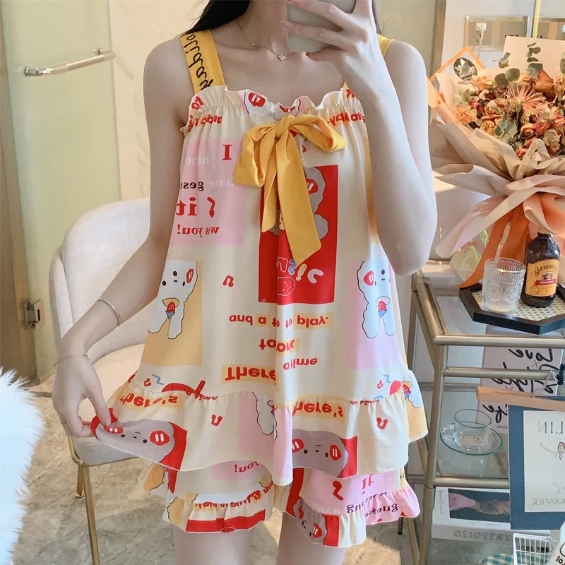 Sanderala Sexy Womens Pajamas Sets Bow Sleepwear Plus Size High Quality Lingerie Cute Nightgown Sleeveless Nighty Pajama Pants