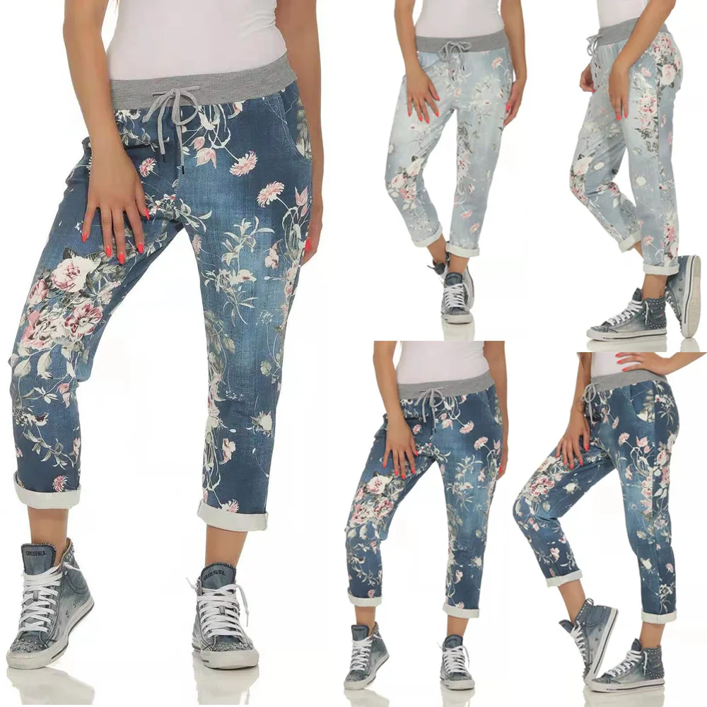 2021 korean Fashion New Europe and America Hot Sale Fashion Personality Denim Printed Elastic Lace-up Casual Pants