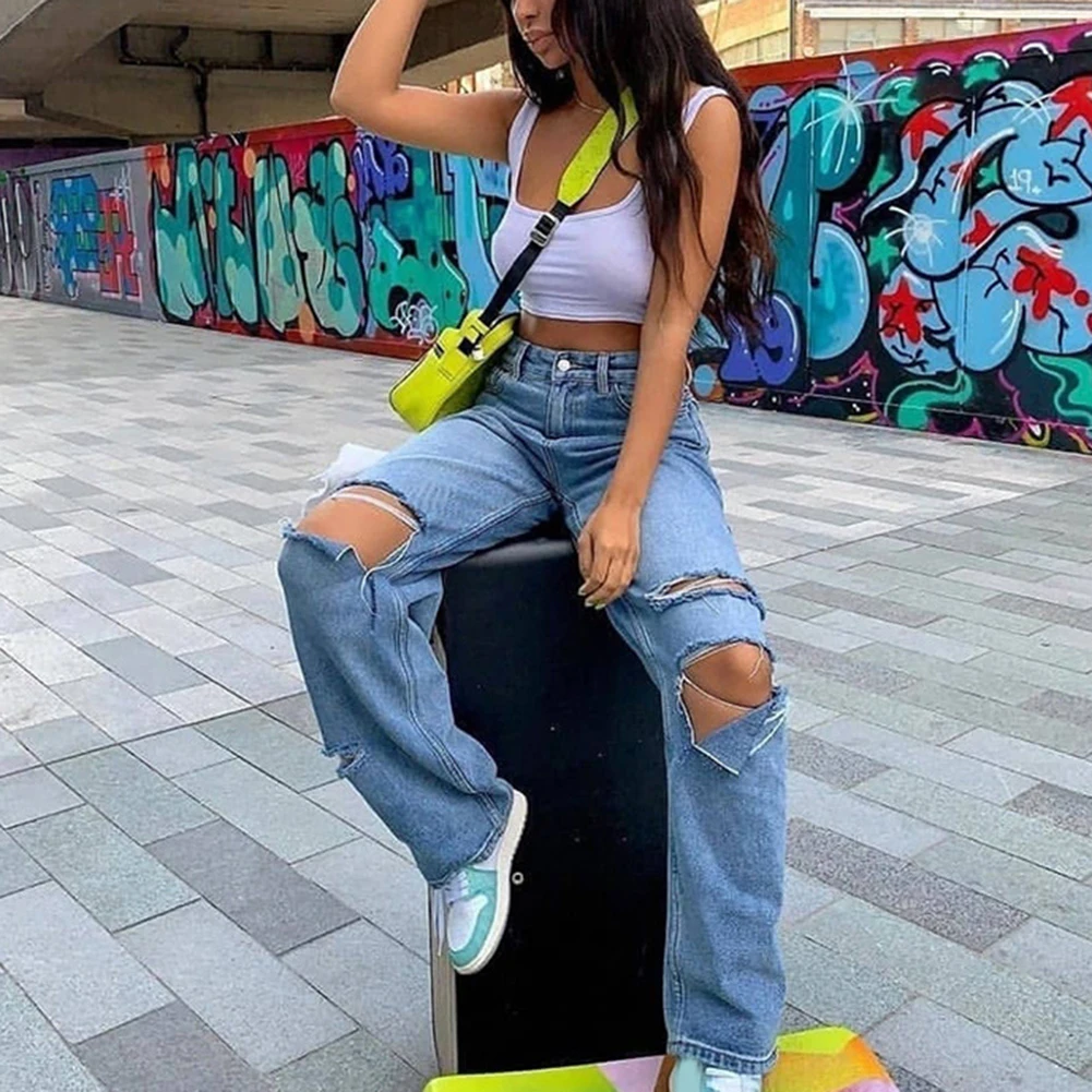 

Women Street Casual Jeans Vintage Ripped Distressed Bleach Wash High Wasit Trousers Lady Loose Straight Pants 2020 New Fashion