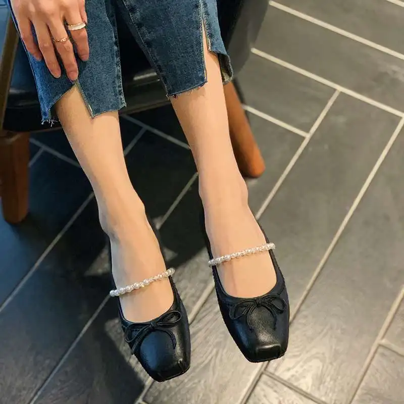 

Vichelo Hot sheep leather square toe low heel high fashion butterfly-knot Korean street pretty girl dating sweet women pumps L18