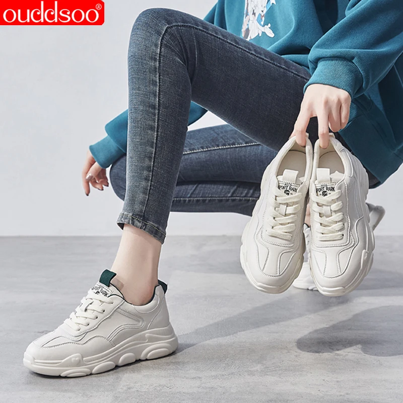 

Кроссовки из натуральной кожи на высоком каблуке; фирменный дизайн; обувь на шнуровке; Повседневная Белая обувь на толстой подошве; женские ...