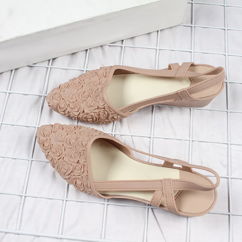 

2021 Summer Women Sandals Slip On Hollow Out Woman's Shoes Pointed Toe Flower Rose Wedge Solid Ladies Footwear Japanese Style