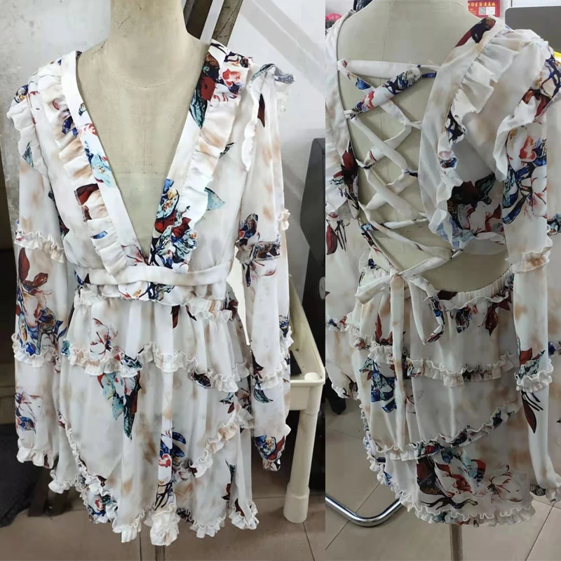 

Spring Floral Print Backless Ruffle Dress Women Casual Long Sleeve Summer Beach Dress Female Drawstring Lace up Party Vestidos