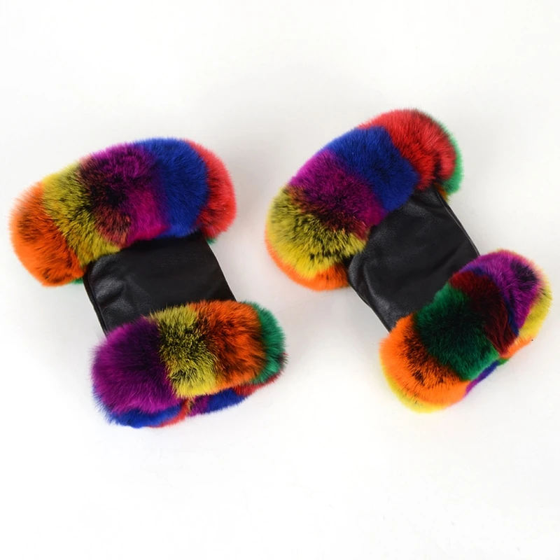 

Womens Winter Faux Leather Half Finger Gloves with Colorful Fluffy Plush Trim Outdoor Driving Thermal Fingerless Mittens