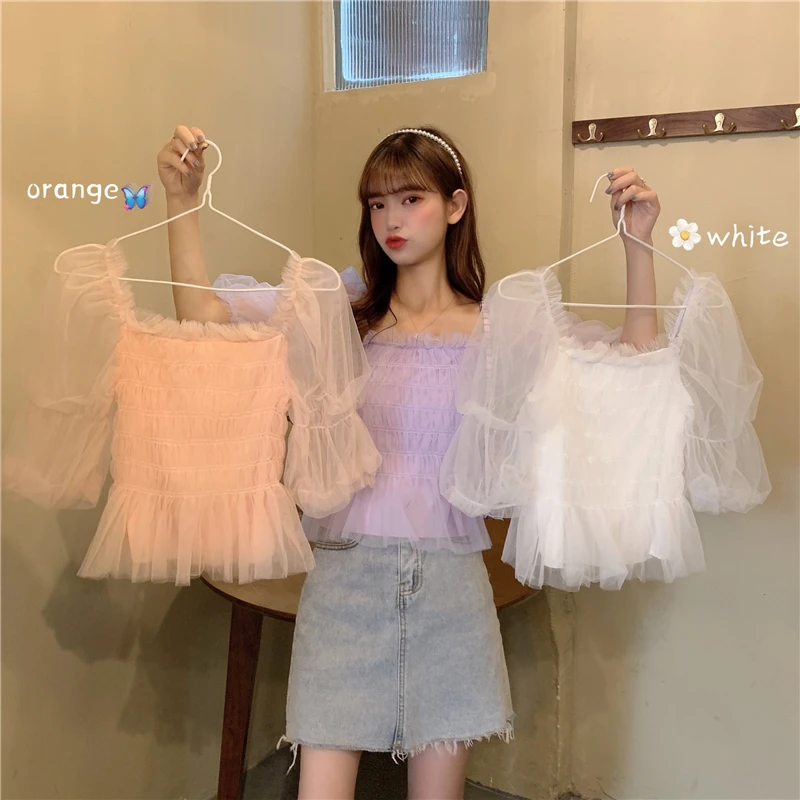 

Perspective Mesh Yarn Chiffon Shirts Woman Summer Square Collar Ruffle Blouses Pleated Bubble Sleeve Crop Tops Blusas Mujer 2020