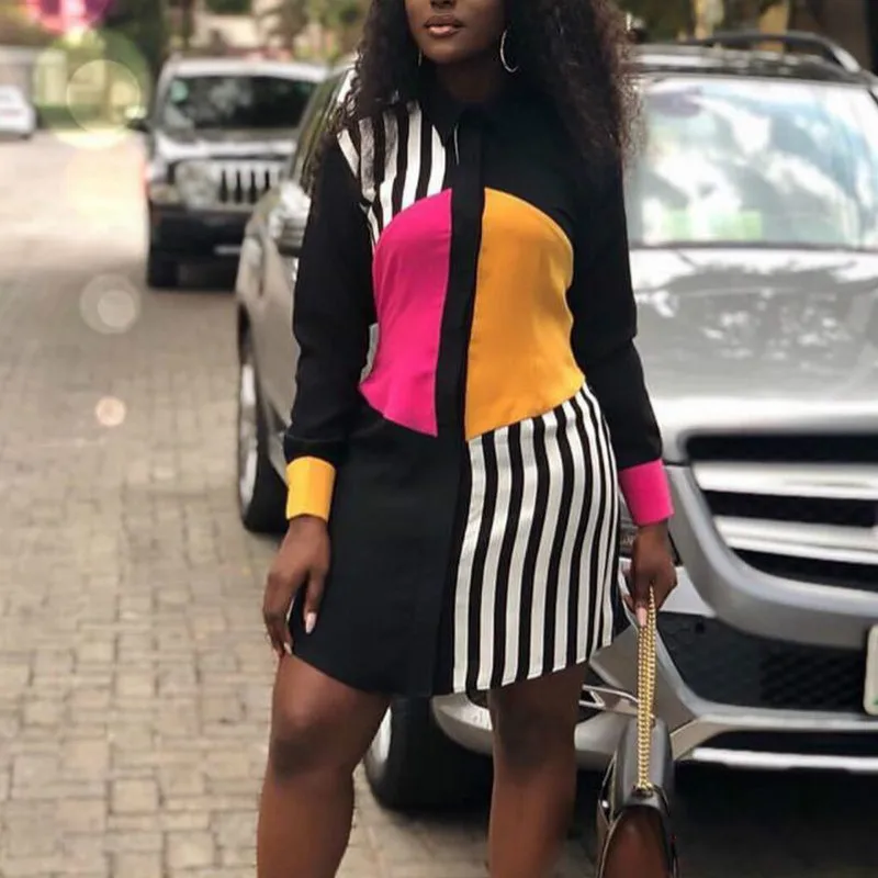 Черно-белое платье-рубашка повседневное свободное лоскутное платье с длинными