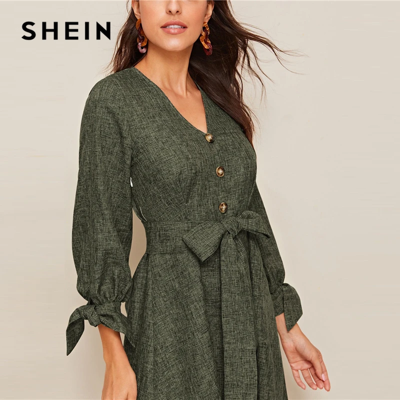 SHEIN летнее платье с v-образным вырезом на пуговицах и манжетах спереди, элегантное платье трапециевидной формы с бантом и высокой талией, коллекция года, весна-осень