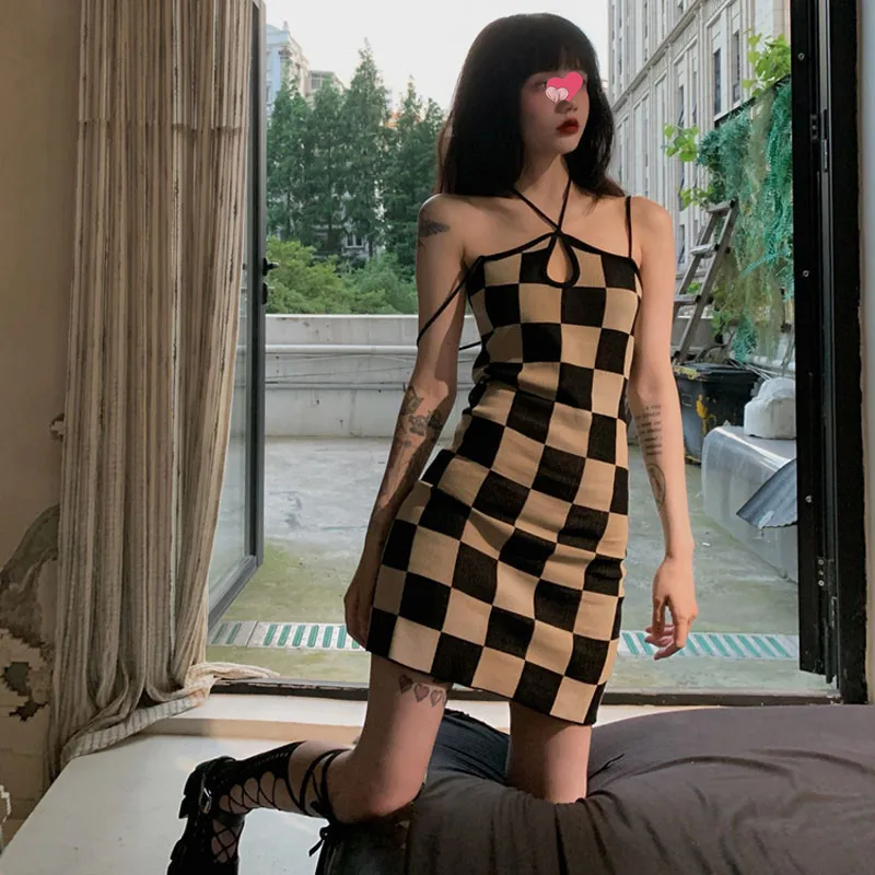

Модное сексуальное крутое клетчатое платье Y2k с подвесным воротником на бретельках, винтажное ажурное платье без рукавов, популярная Юбка-м...