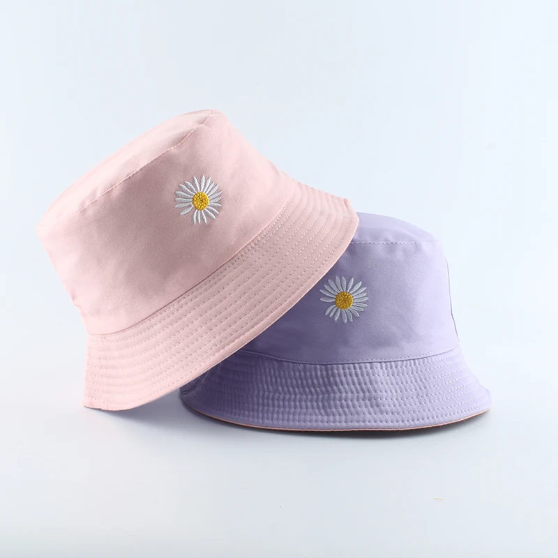 

2020 Spring Women Fishing Bucket Hats Summer Sunscreen Sun Cap Flower Daisies Embroidery Reversible Fisherman Hat