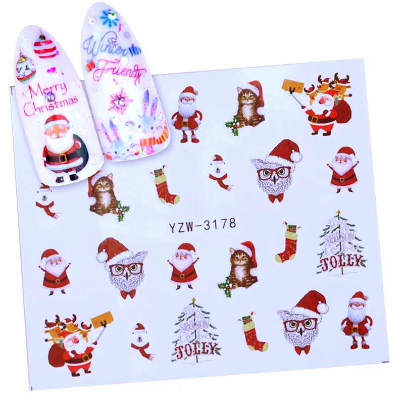 YZW-3178 1 Sheet Xmas Sticker for Nail Decals Snow Flower Deer Beauty DIY Watermark Nail Art Christmas New Year Decor - Цвет: YZW-3178