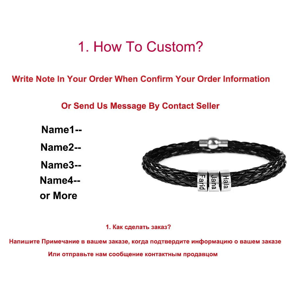 

Personalized Stainless Steel Charm Bracelets Genuine Leather Braided Rope Men Bracelet Custom With 1-9 Names Beads Jewelry Gift