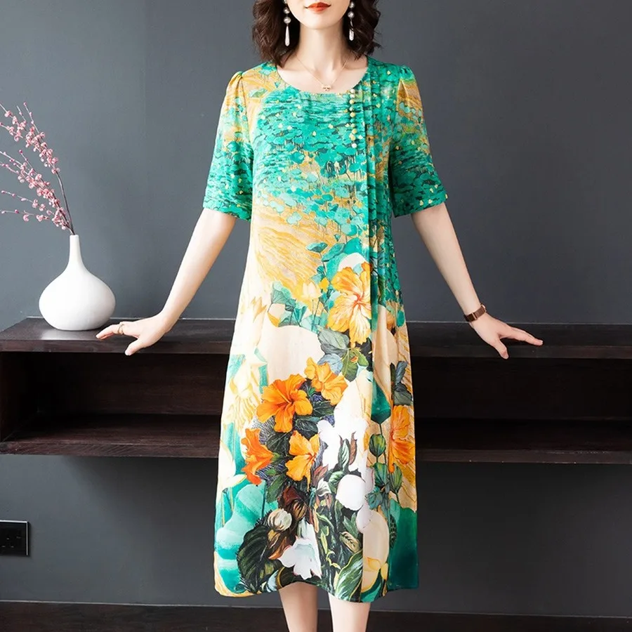 

2021 Floral Chiffon 4XL Plus Size Beach Midi Dress Spring Summer Print Vintage Runway Dress Elegant Women Bodycon Party Vestidos