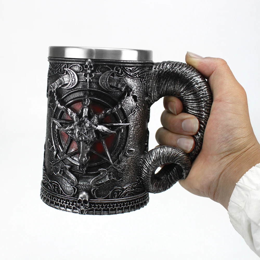 

Baphomet Mug Tankard Stainless Steel Resin 3D Baphomet Pentagram Sabbatic Gothic Wicca Pagan Horn Beer Tankard Cup Mugs 600ml #5