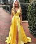 Женское желтое платье-трапеция, привлекательное атласное вечернее платье с глубоким V-образным вырезом и высоким разрезом, платье для выпускного вечера с оборками