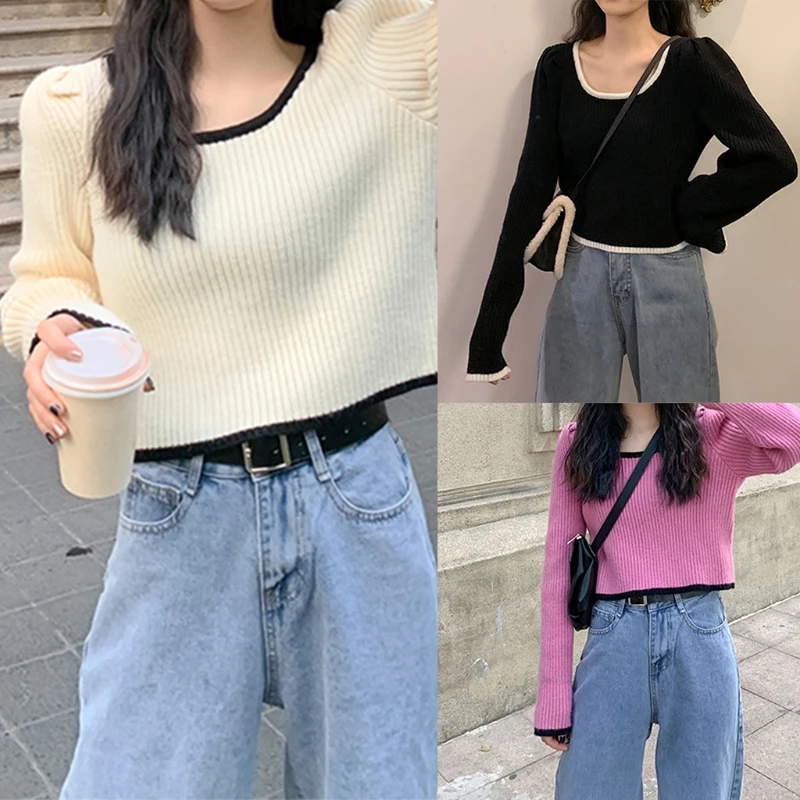 

Women Vintage Puff Long Sleeve Sweater Sexy Square Neck Ribbed Knit Pullover Crop Top Contrast Color Trim Casual Slim Jumper