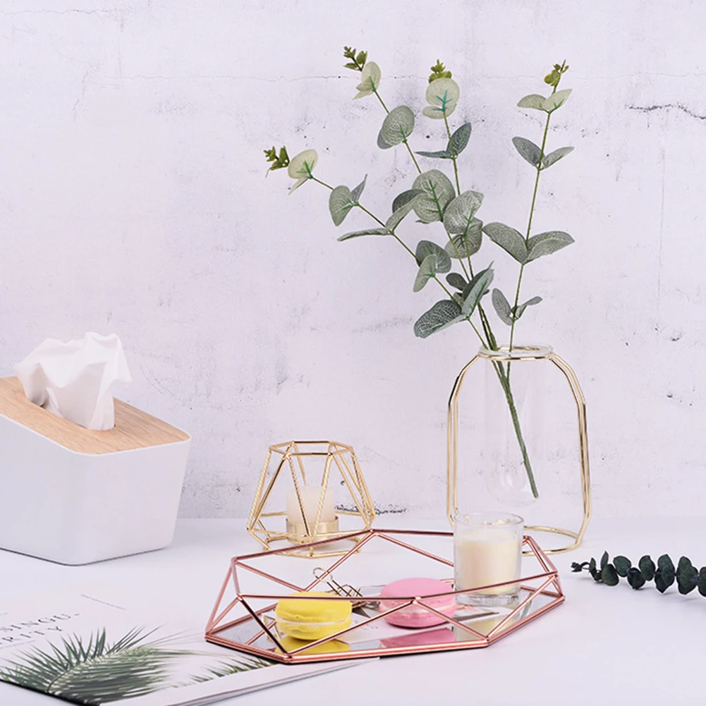 

Wrought iron three-dimensional storage tray hexagonal tray home decoration Nordic simple rose gold mirror desktop storage tray