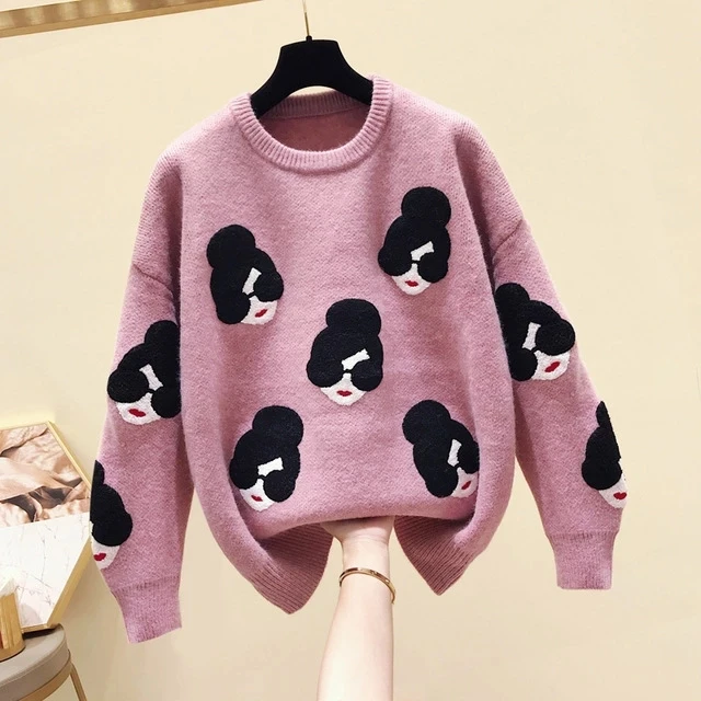 

Pull Femme 2020 Winter Autumn Oversized Knitted Sweater Women Lantern Sleeve Embroidery Cartoon Thicken Pullovers Jumper