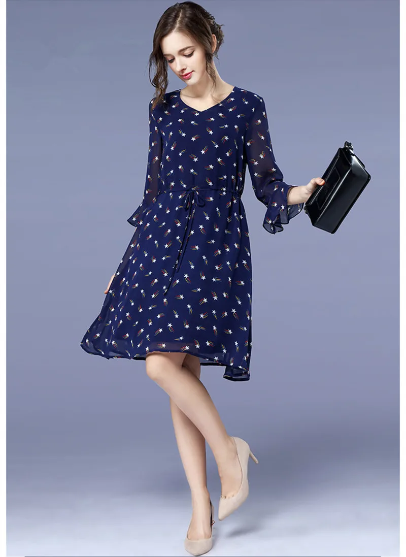 2020 Spring Summer Dress Women V-Neck Floral Chiffon Dresses Flare Sleeve Casual Slim Blue Vestidos Plus Size 5XL WXF711 | Женская