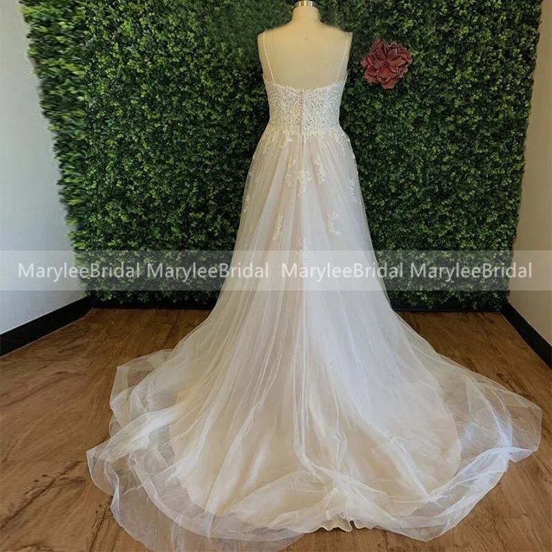 

Plus Size Wedding Dresses A-line Spaghetti Straps Robe Sirene Mariage Appliques Tulle Spring Bridal Gowns For Garden Wedding