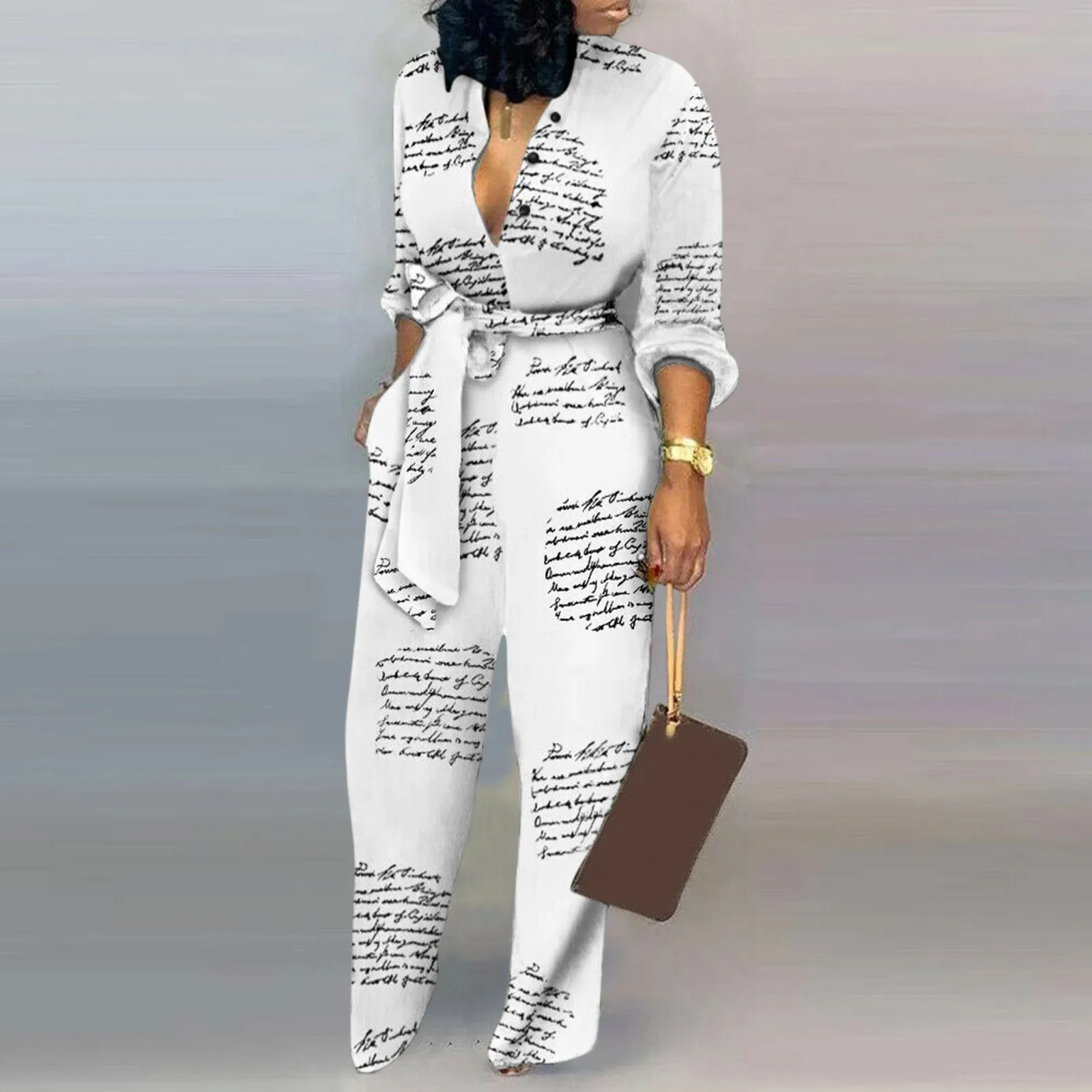 

Letters Print Women Playsuits Casual Long Sleeves Pocket Romper Autumn Button Lace Up Long Jumpsuit Monos Mujer Elegante 2021