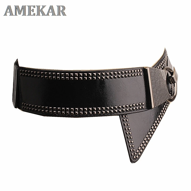 

2021 Punk Style Rivets Beading Round Buckle Women Belt Female Pu Leather Super Wide 9CM Belts Ceinture Femme Leisure Cummerbunds