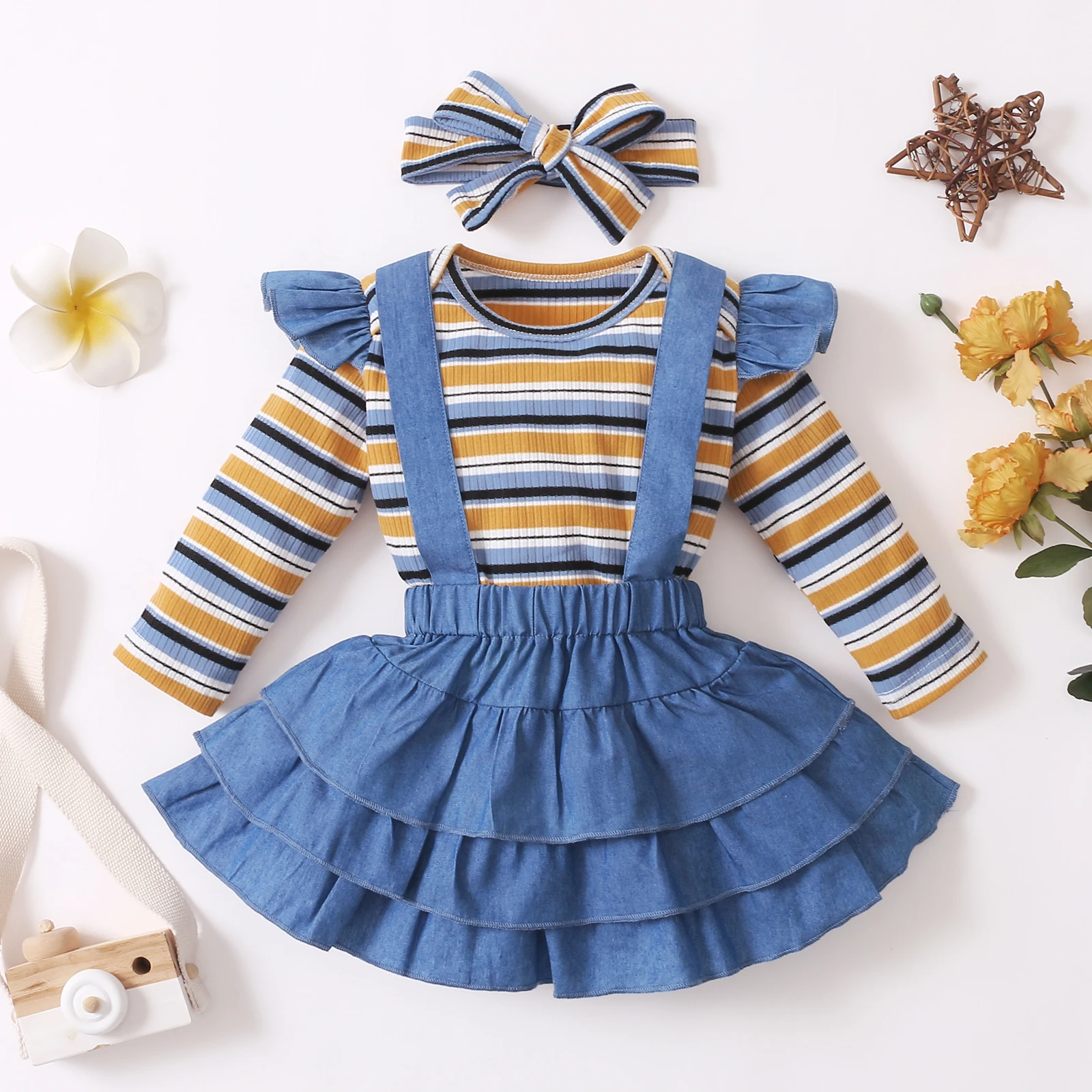 3Pcs Baby Girl Skirt Dress Set Infant Kids Clothing Striped Romper + Ruffle Denim Suspender Skirts Newborn Girl Clothes