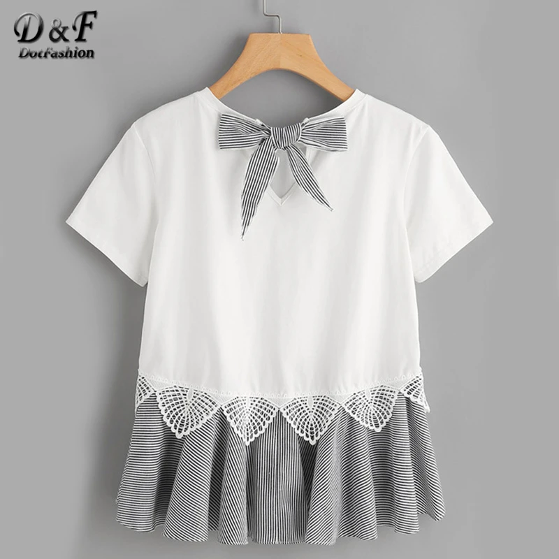 Dotfashion футболка в полоску с бантом и оборкой на подоле г., белый кружевной хлопковый топ, летняя футболка с короткими рукавами и круглым вырезом
