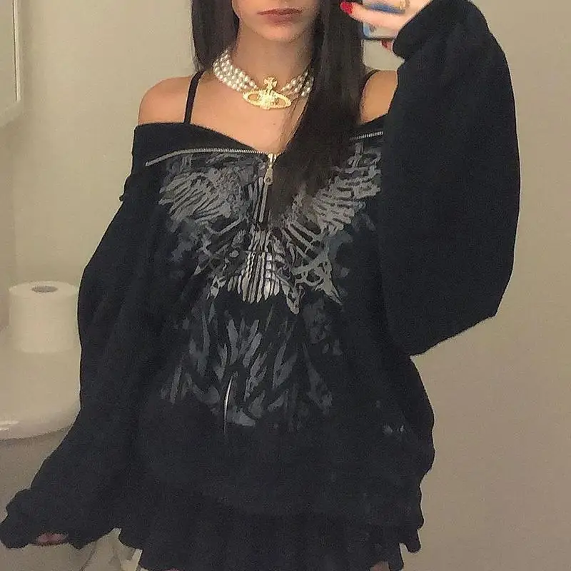 Butterfly Graphic Harajuku Long Sleeve Zip Up Coat Women Emo Fairy Grunge Sweatshirt Y2k Dark Aesthetic Alt Vintage Clothes | Женская
