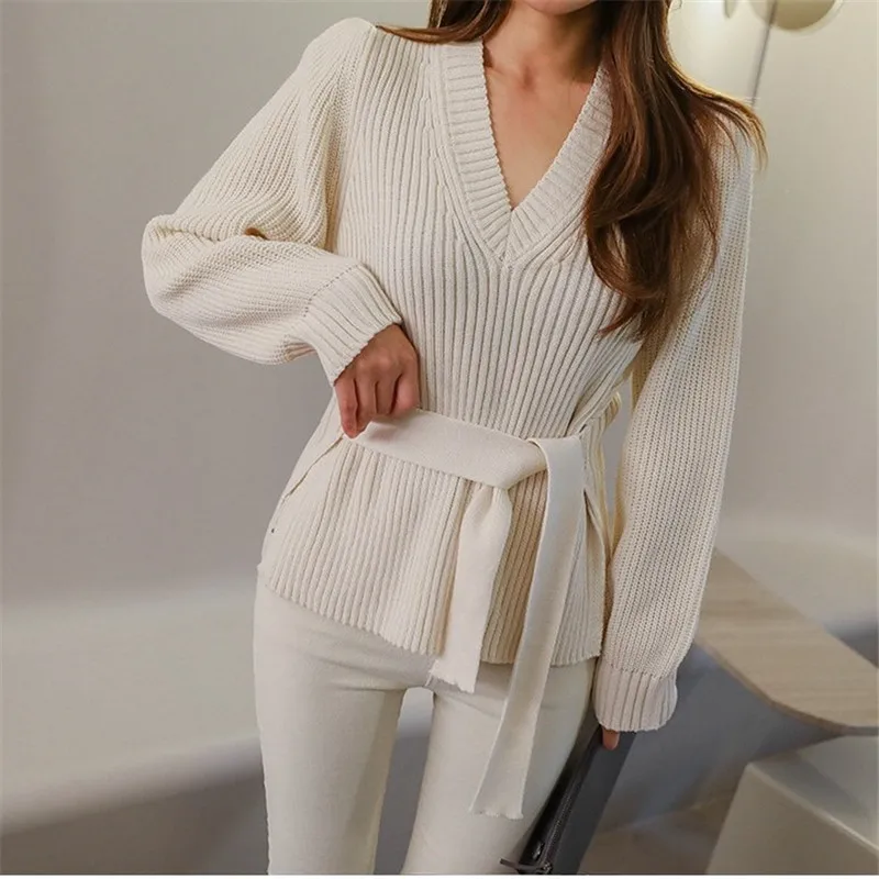 2019 autumn winter women's sweater v neck long sleeve lace up knitted tops korea P347 | Женская одежда
