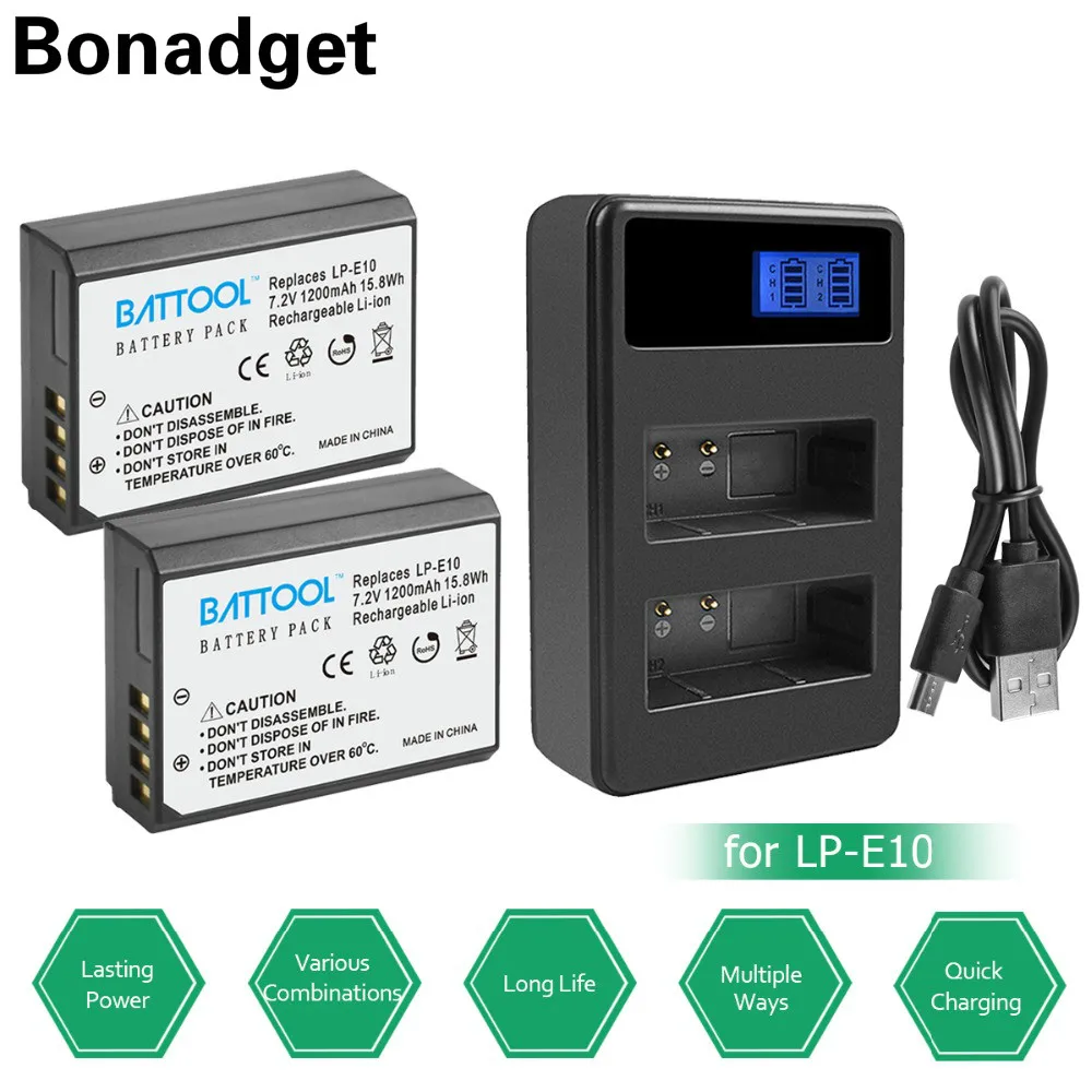 Bonadget 1200 мАч LPE10 LP E10 литий ионная батарея + ЖК двойное зарядное устройство для Canon