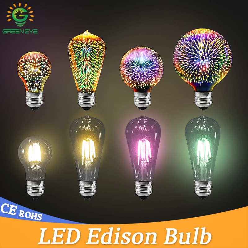 

Led bulb E27 3D Decoration Holiday Light 220V 6W 3D Fireworks Edison led Lamp ST64 A60 G80 G95 Retro Filament Lights Edison Bulb