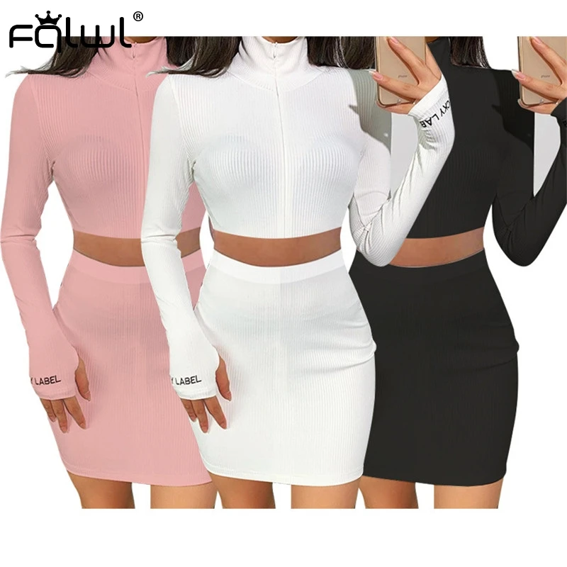 

FQLWL Lucky Label Ribbed Sexy Club Summer Pink Outfits 2 Two Piece Set Women Long Sleeve T Shirt Skirt Set Women Matching Sets