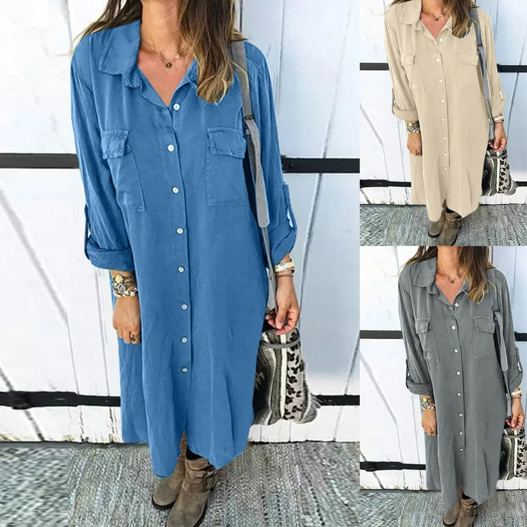 

Vogue Nice Women's Winter Fashion Lapel Shirt Solid Color Button Loose Simple Mid-Calf Dress Single-breasted Casual