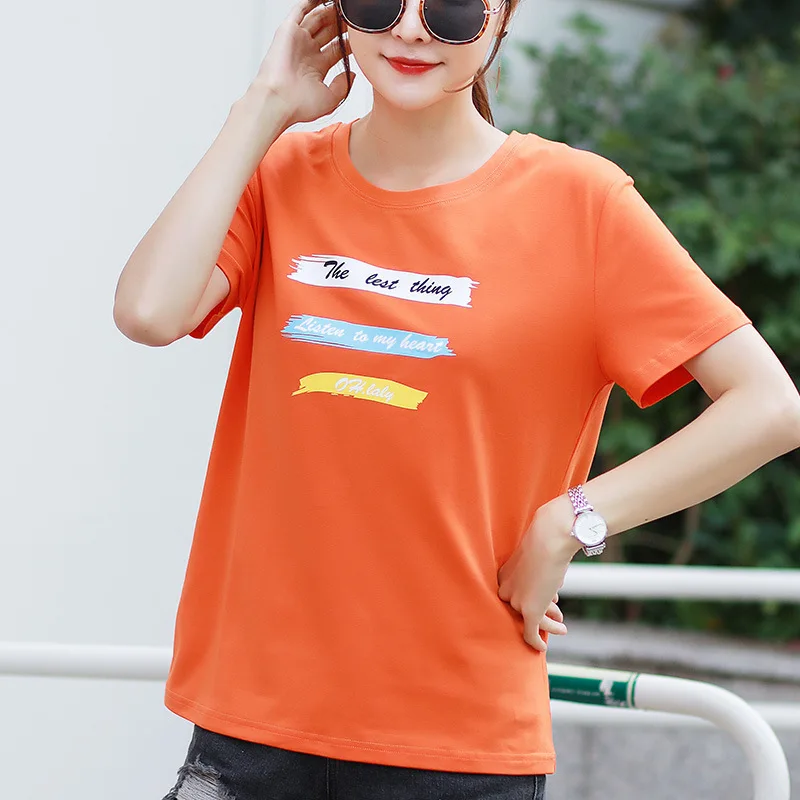 

Soft Cotton Loose Letter Printing Tees Casual All Match Tees Orrange Color Half Sleeve Student 's T Shirt Woman Short Sleeve
