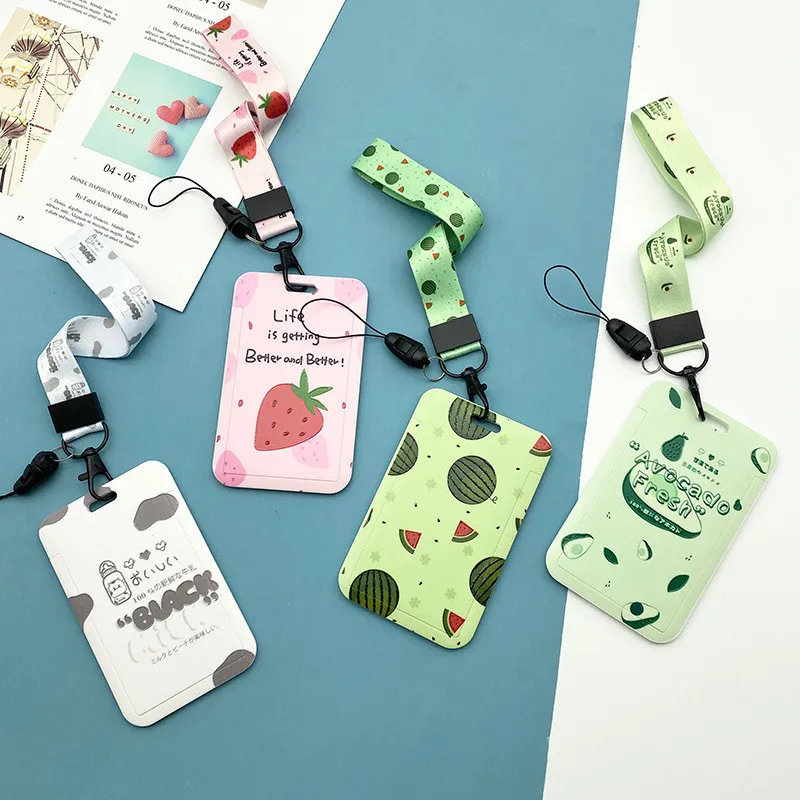 

Strawberry Kiwi Fruit ID Card Holder With Long Short Lanyard Pendant For Identification Card Cartoon Case For Student