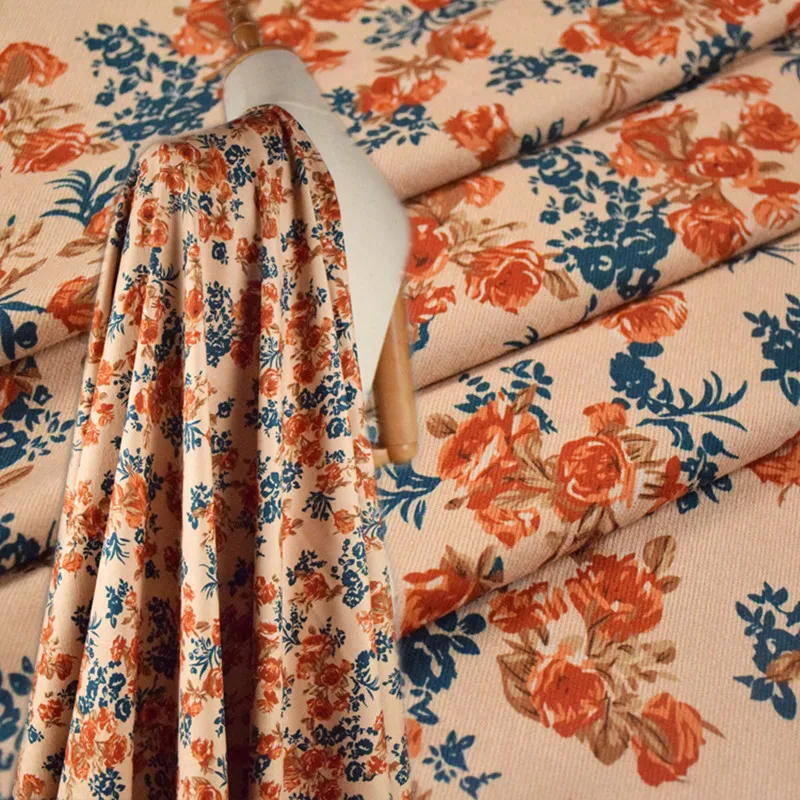 

Half Meter Retro Khaki Orange Big Flower Print Cotton Corduroy Fabric For Autumn Winter Dress Cheongsam Trousers Tissue T1726