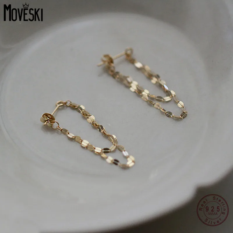 

MOVESKI 925 Sterling Silver Plating 14K Gold Ear Korean Retro Tassel chain Earrings for Women Party Fine Jewelry Ear Buckle