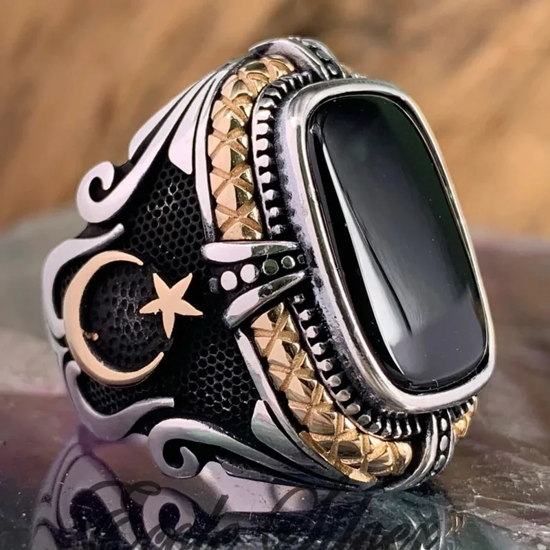 

Vintage Men's Big Black Geometric Zircon Finger Open Ring Carved Crescent Moon Star Gothic Viking Fashion Jewelry