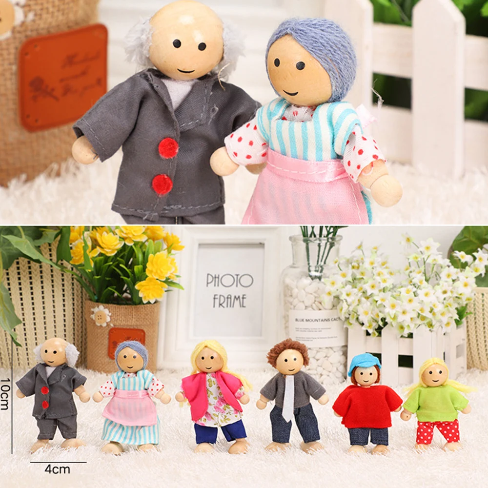 

6 People Happy Family Dolls Set Wooden Jointed Dolls Cute Family Dressed Characters Kids Pretend Toys Playing Dolls