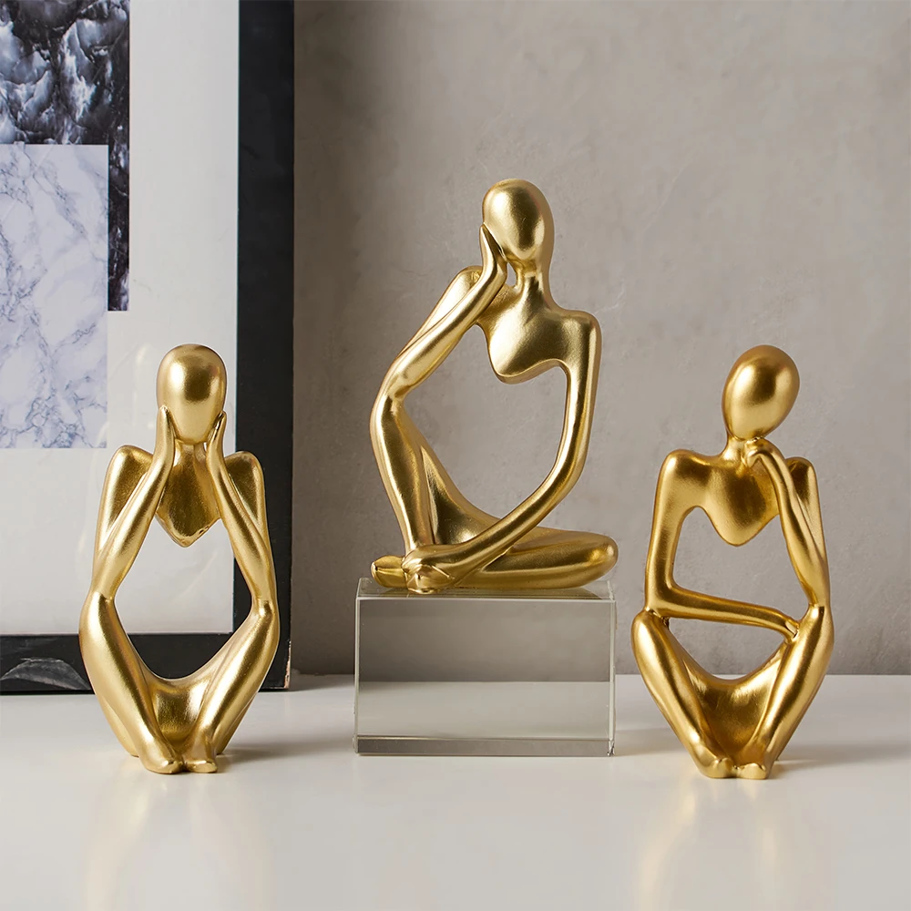 

3PCs Abstract Figures Figurines Golden Resin Ornaments Modern Home Decoration Accessories Living Room Decor Desk Decoration