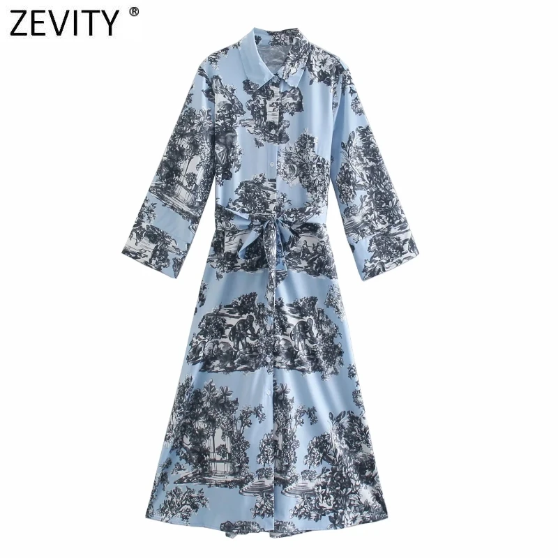 

Zevity Women Vintage Ink Flower Print Bow Sashes Shirt Dress Office Lady Long Sleeve Chic Casual Slim Kimono Midi Vestido DS8102