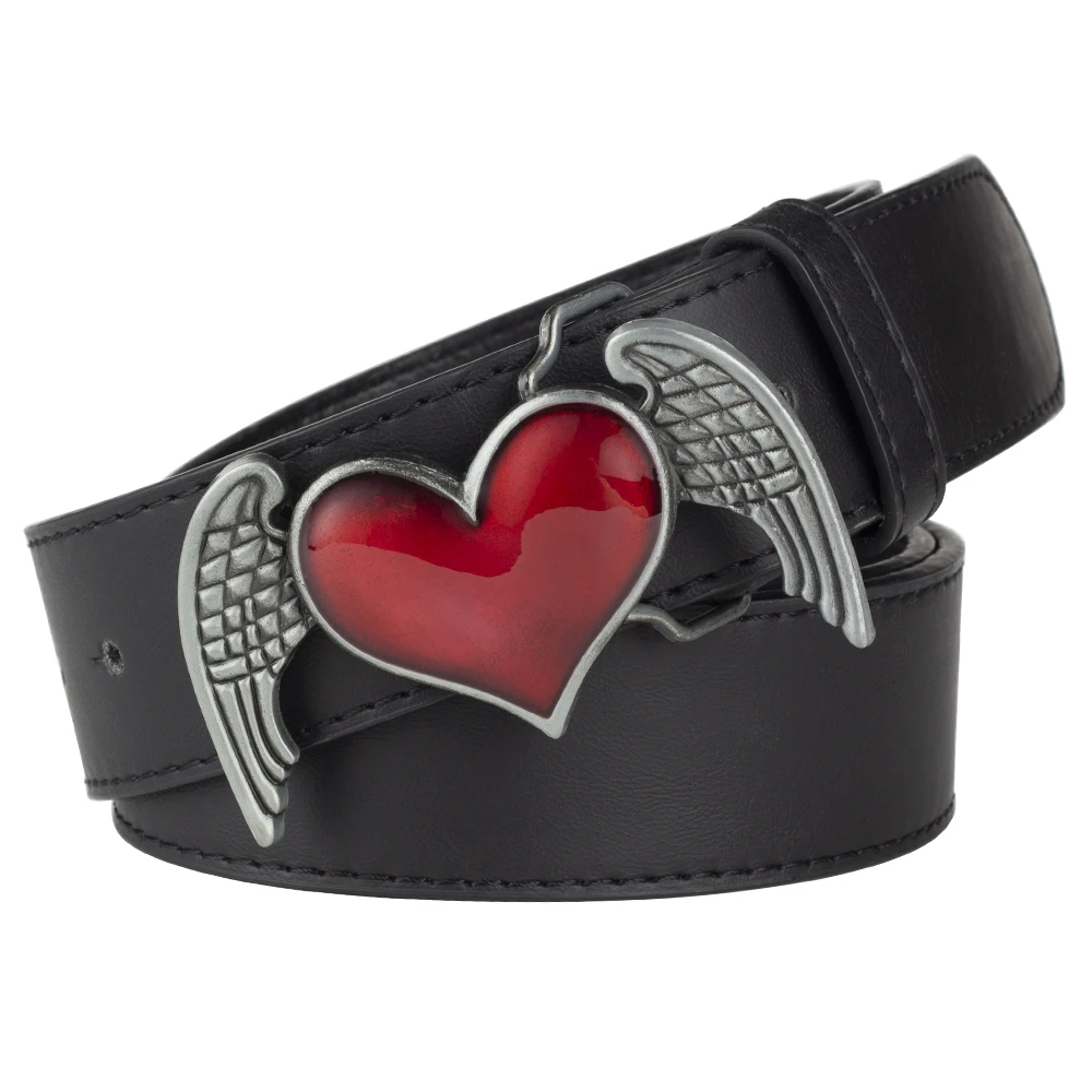 Wing Red Heart Alloy Buckle Fashion for Women Cowgirl Up White Belt Leisure Decoration PU