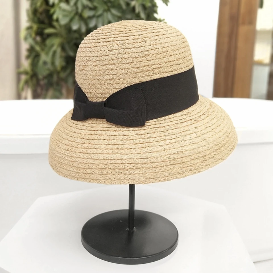 Панама из рафии женская Элегантная Модная плетеная шляпа с бантом ручной работы