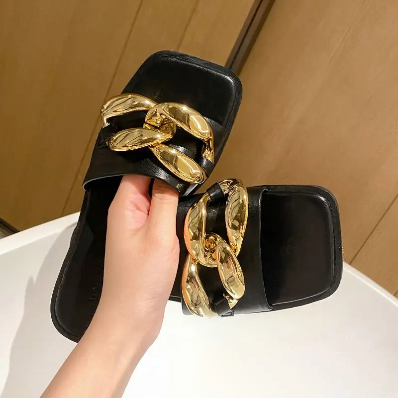 

RIZABINA New Women Fashion Slippers Square Toe Metal Decoration Flip Flops Slip On Solid Color Ladies Footwear Size 35-39