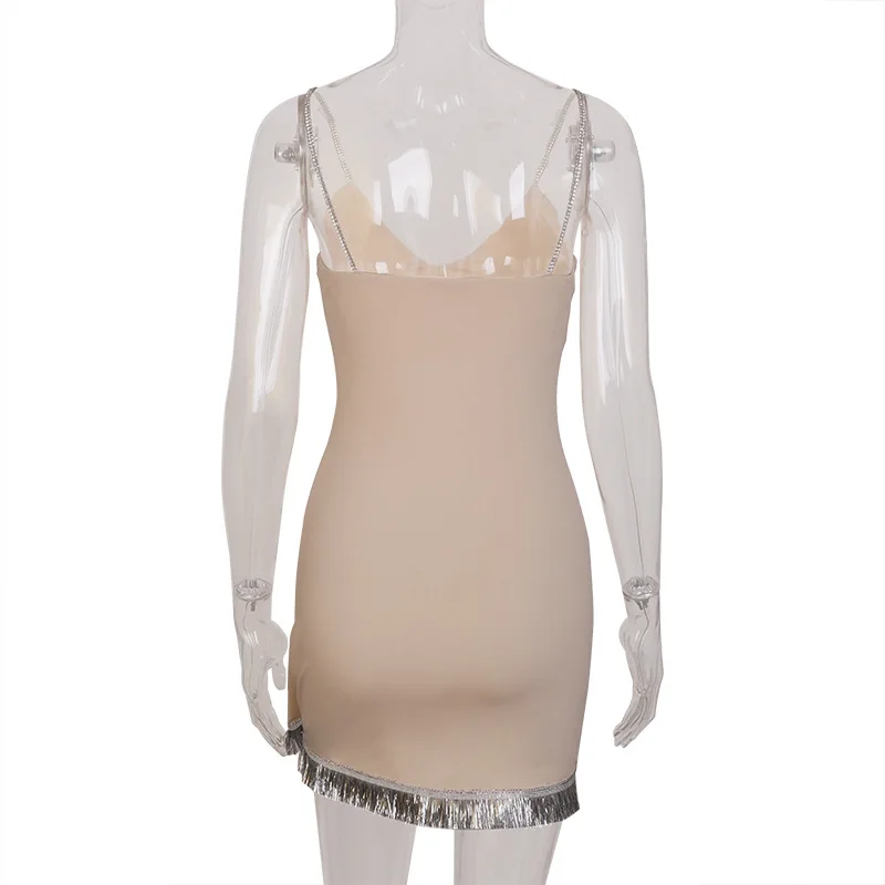 

Diamond tassel apricot flash summer dress for women spaghetti belt V-neck Mini sexy dress women's Party Club Summer Vestido
