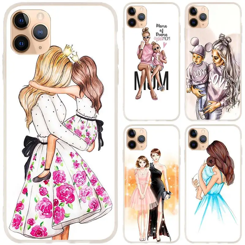 

Silicone Soft Phone Coque Shell Case For Apple iPhone 13 12 11 Pro X XS Max XR 6 6S 7 8 Plus Mini SE 2020 Mom Fashion Girl Baby