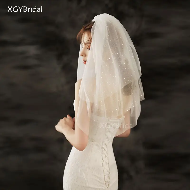 Кружевная Фата с блестками свадебная короткая фата трехслойными кружевами для