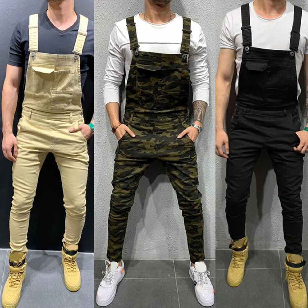 

2021 New Fashion Camouflage Design Jeans Denim Overalls Men Casual Wash Skinny Bib Overalls Jeans Male Jumpsuit Jean Pant 3XL