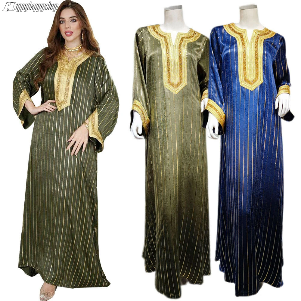 Африканские Макси-платья для женщин Мусульманский Исламский полосатый кафтан