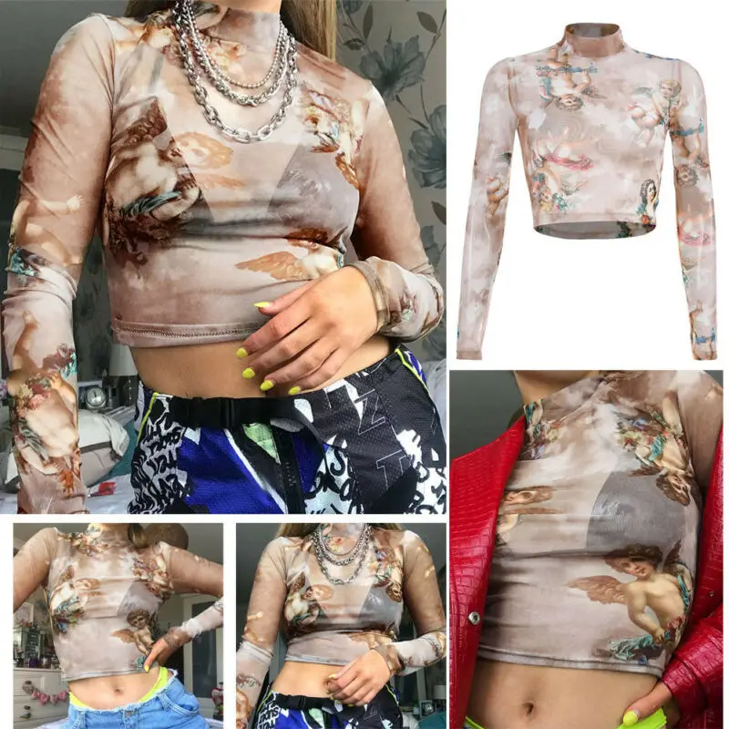2019 New Arrival Women Girls Sexy Mesh Sheer Crop Top Long Sleeve Print Bodycon Cupid Transparent T-Shirt Tee Tops | Женская одежда